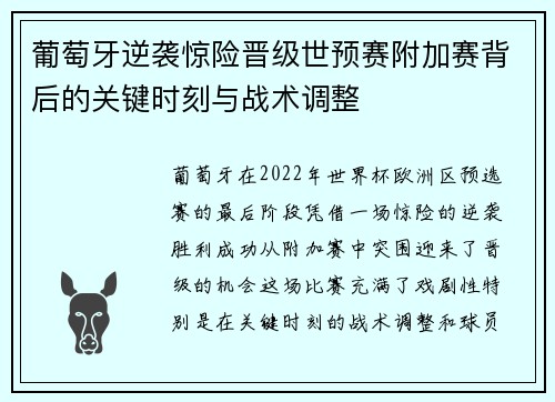 葡萄牙逆袭惊险晋级世预赛附加赛背后的关键时刻与战术调整