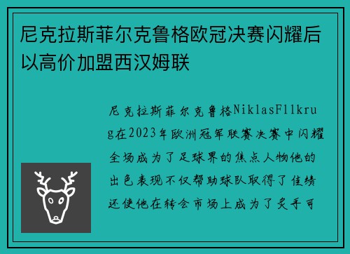 尼克拉斯菲尔克鲁格欧冠决赛闪耀后以高价加盟西汉姆联