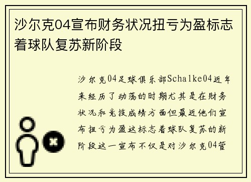 沙尔克04宣布财务状况扭亏为盈标志着球队复苏新阶段
