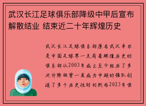 武汉长江足球俱乐部降级中甲后宣布解散结业 结束近二十年辉煌历史