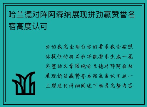 哈兰德对阵阿森纳展现拼劲赢赞誉名宿高度认可